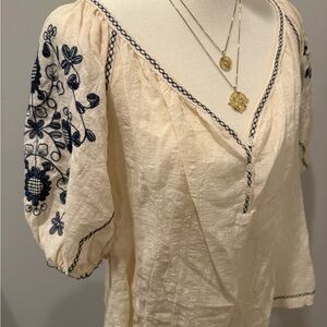 Max Studio Cream Blouse with Navy Embroidery